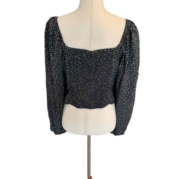 A New Day Boho Black White Balloon Sleeve Blouse Ruched Crop Top Size Medium - Picture 3 of 12